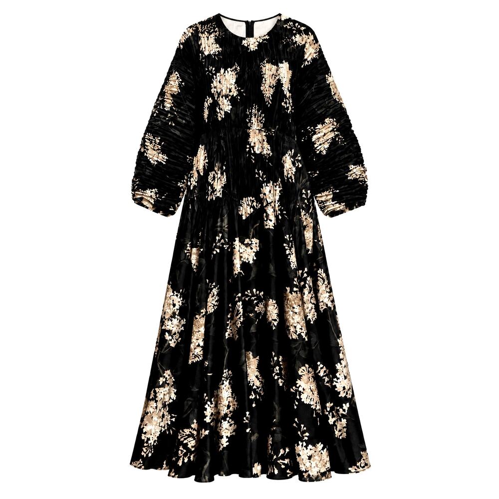 Vince Black Gold Metallic Floral Pleated Maxi Dress Size Large Holiday Occasion